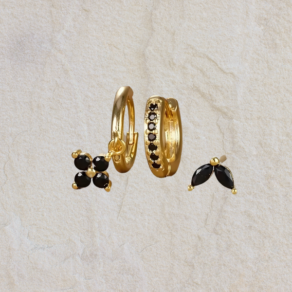 Lucky Earring Stacks - Black 4 Leaf stack